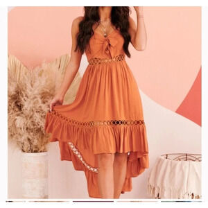 Main Strip Womens Front Tie V Neck Lace Cami High Low Dress Orange Sz S